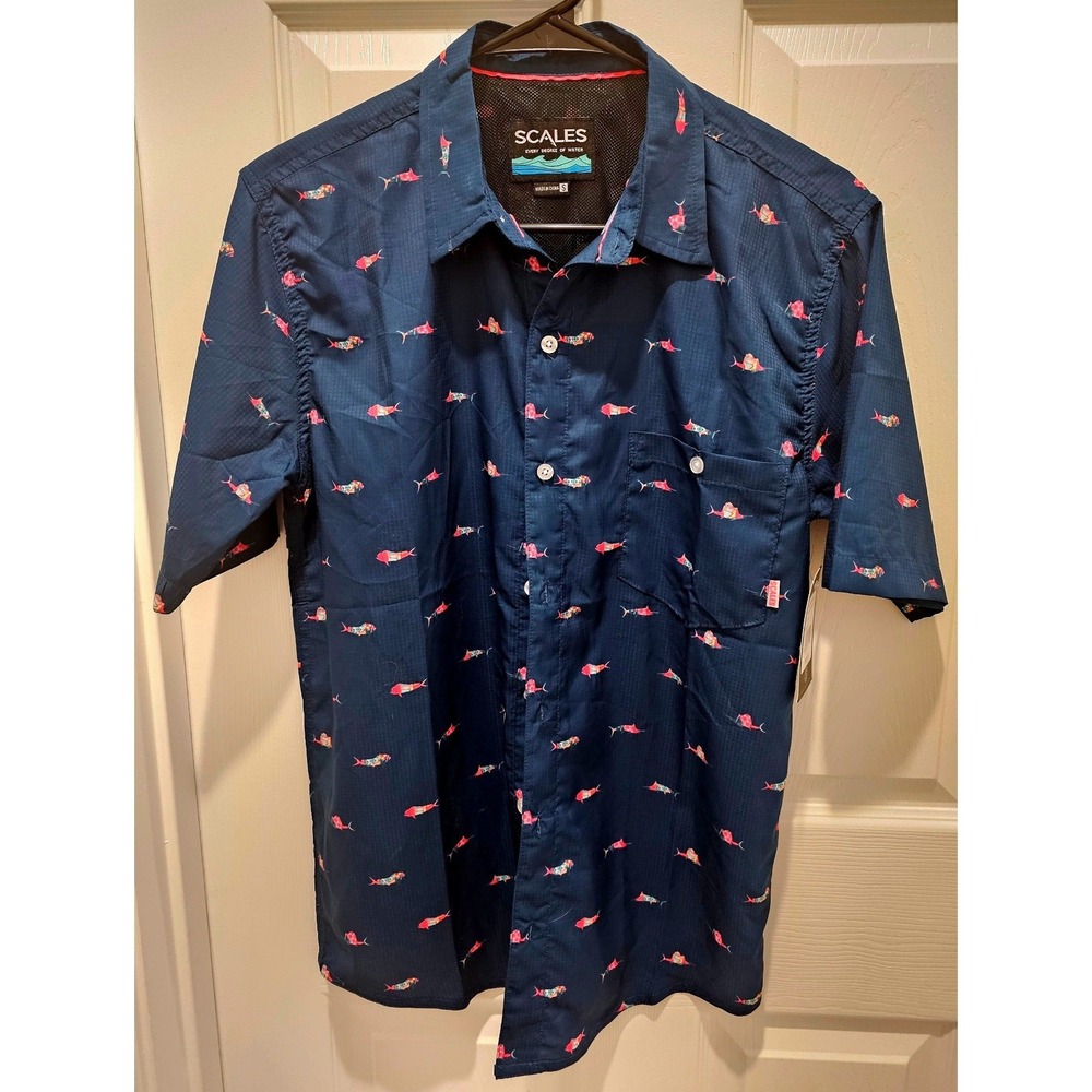 Scales Every Degree of Water Mens Navy Blue Trippy Fish Fishing Shirt Small NWT